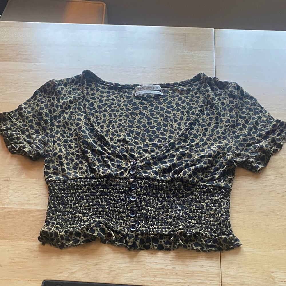 Urban Outfitters Tan & Black Leopard Smocked Crop Top